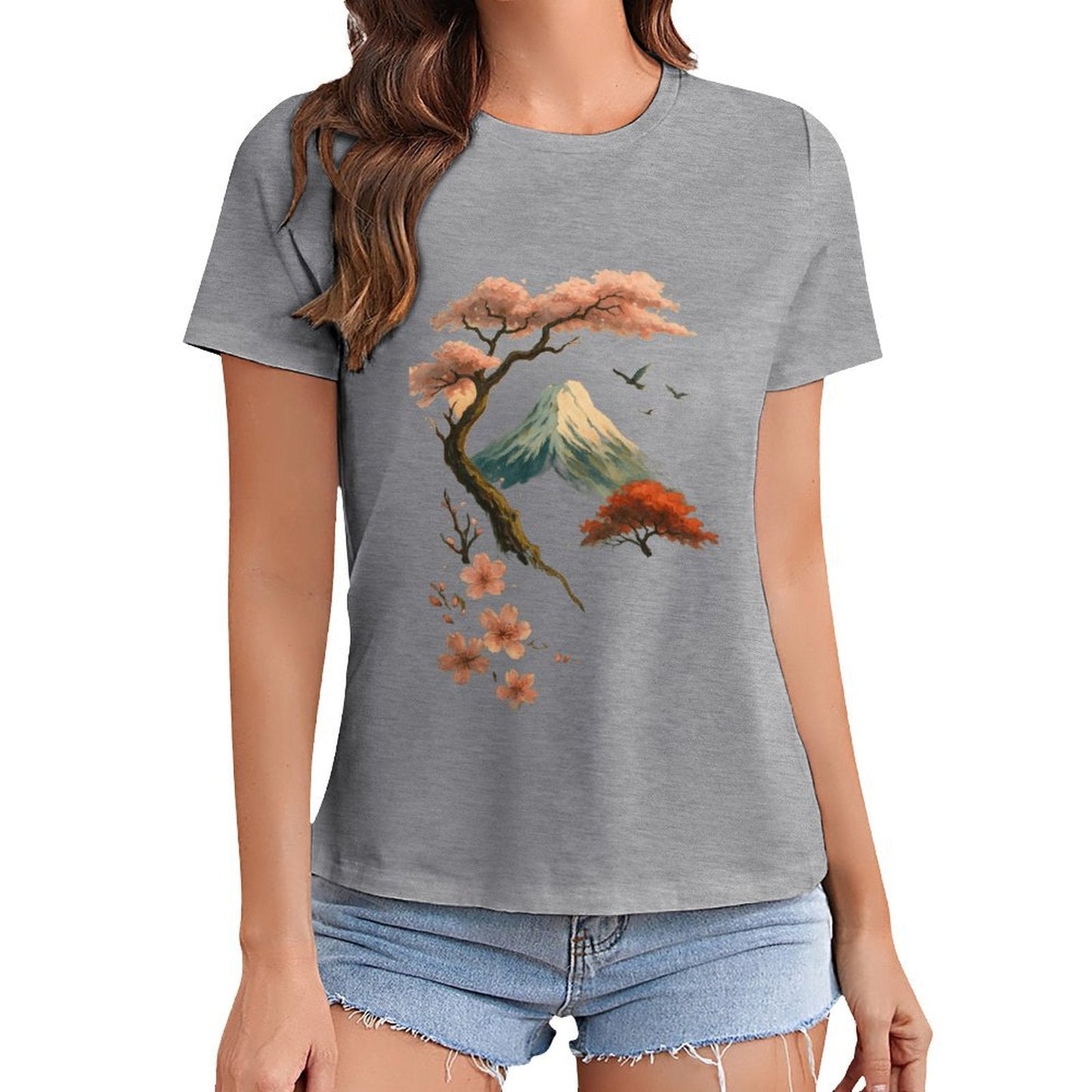 Gildan T-shirt Women Mount Fuji And Cherry Blossoms - U1 Spring and Summer Round Neck Short - sleeved Tops Women's Casual Sports T-shirt - TrendyLookz