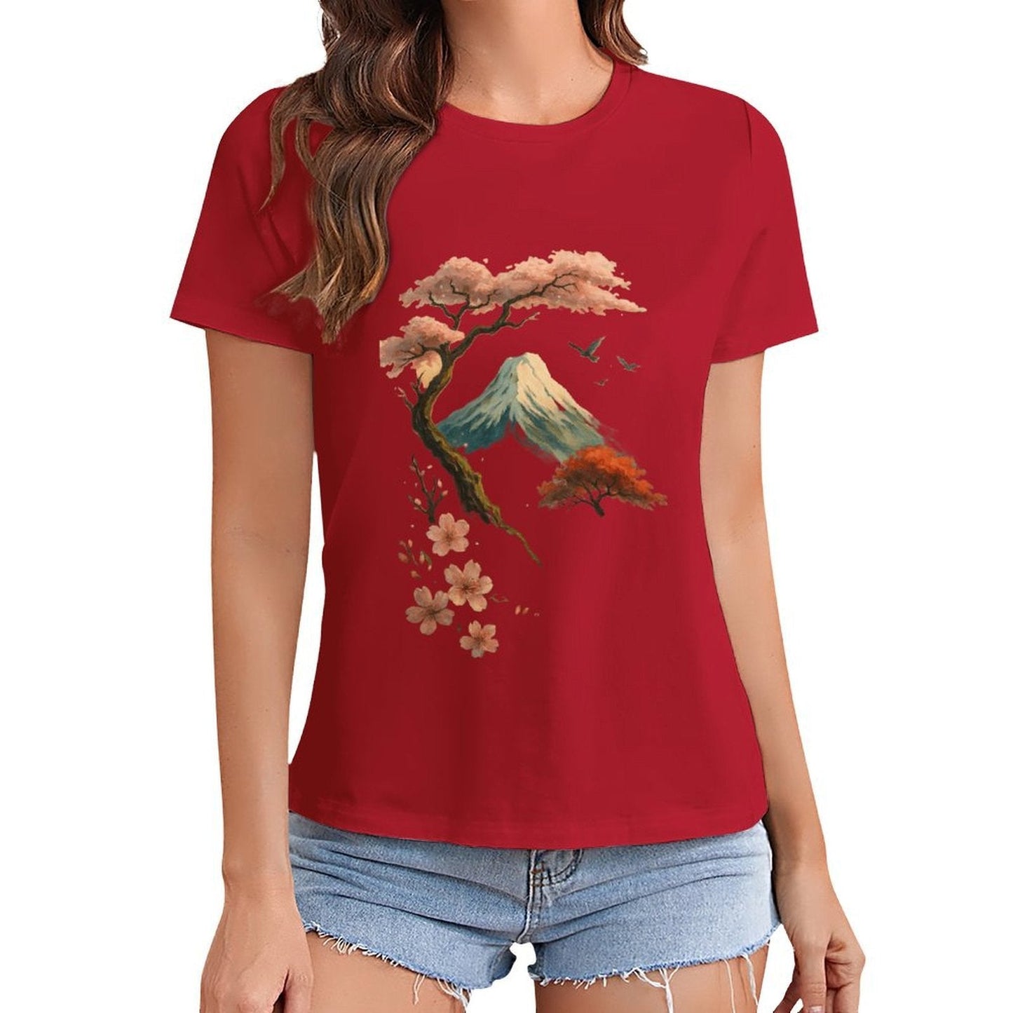 Gildan T-shirt Women Mount Fuji And Cherry Blossoms - U1 Spring and Summer Round Neck Short - sleeved Tops Women's Casual Sports T-shirt - TrendyLookz