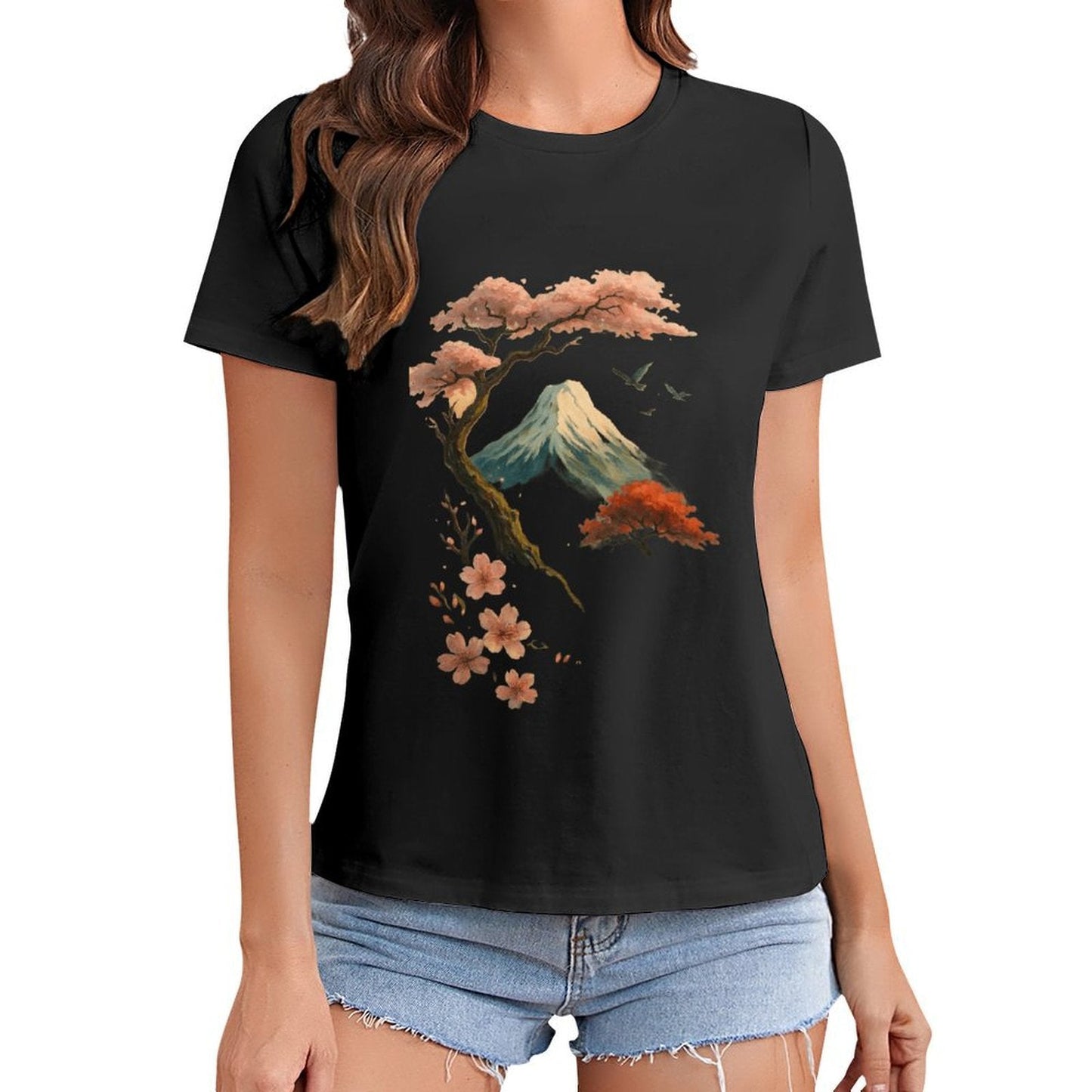 Gildan T-shirt Women Mount Fuji And Cherry Blossoms - U1 Spring and Summer Round Neck Short - sleeved Tops Women's Casual Sports T-shirt - TrendyLookz
