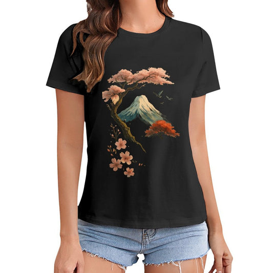 Gildan T-shirt Women Mount Fuji And Cherry Blossoms - U1 Spring and Summer Round Neck Short - sleeved Tops Women's Casual Sports T-shirt - TrendyLookz