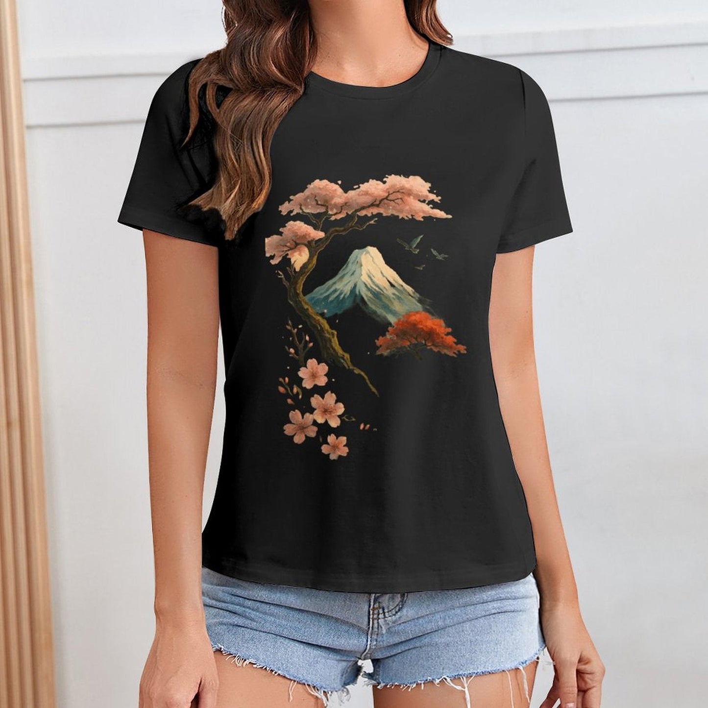 Gildan T-shirt Women Mount Fuji And Cherry Blossoms - U1 Spring and Summer Round Neck Short - sleeved Tops Women's Casual Sports T-shirt - TrendyLookz