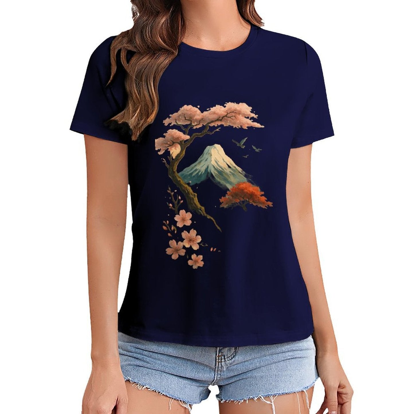 Gildan T-shirt Women Mount Fuji And Cherry Blossoms - U1 Spring and Summer Round Neck Short - sleeved Tops Women's Casual Sports T-shirt - TrendyLookz