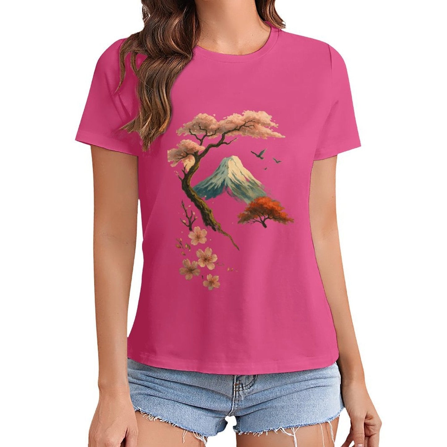 Gildan T-shirt Women Mount Fuji And Cherry Blossoms - U1 Spring and Summer Round Neck Short - sleeved Tops Women's Casual Sports T-shirt - TrendyLookz