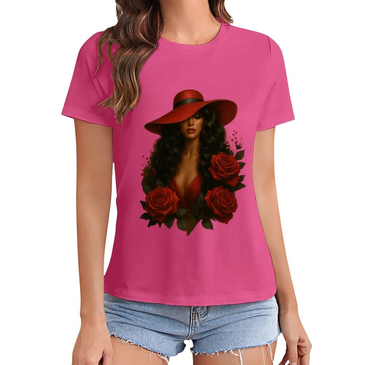 Gildan T-shirt Women Mystery in Red Elegance Spring and Summer Round Neck Short - sleeved Tops Women's Casual Sports T-shirt - TrendyLookz