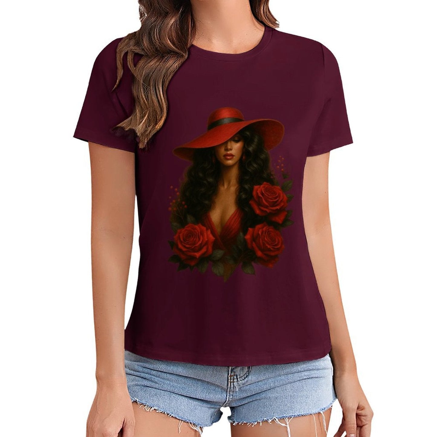 Gildan T-shirt Women Mystery in Red Elegance Spring and Summer Round Neck Short - sleeved Tops Women's Casual Sports T-shirt - TrendyLookz