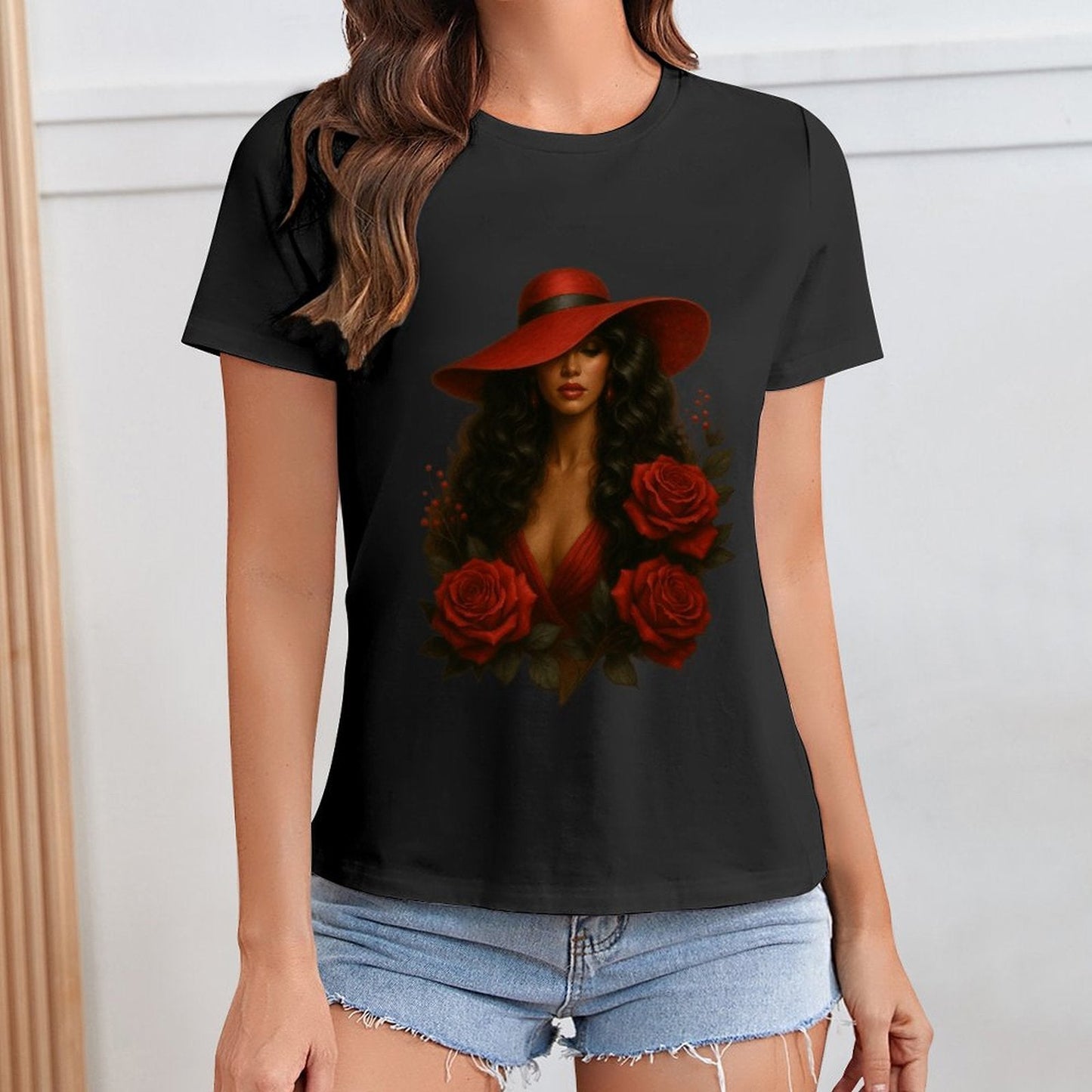 Gildan T-shirt Women Mystery in Red Elegance Spring and Summer Round Neck Short - sleeved Tops Women's Casual Sports T-shirt - TrendyLookz