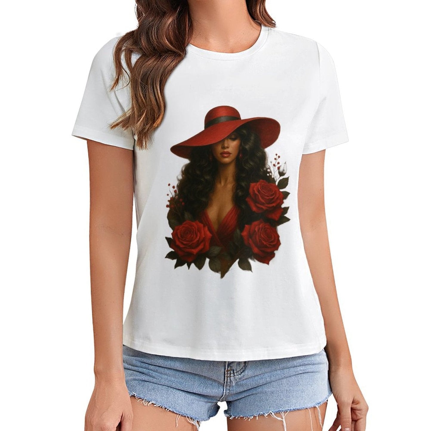 Gildan T-shirt Women Mystery in Red Elegance Spring and Summer Round Neck Short - sleeved Tops Women's Casual Sports T-shirt - TrendyLookz
