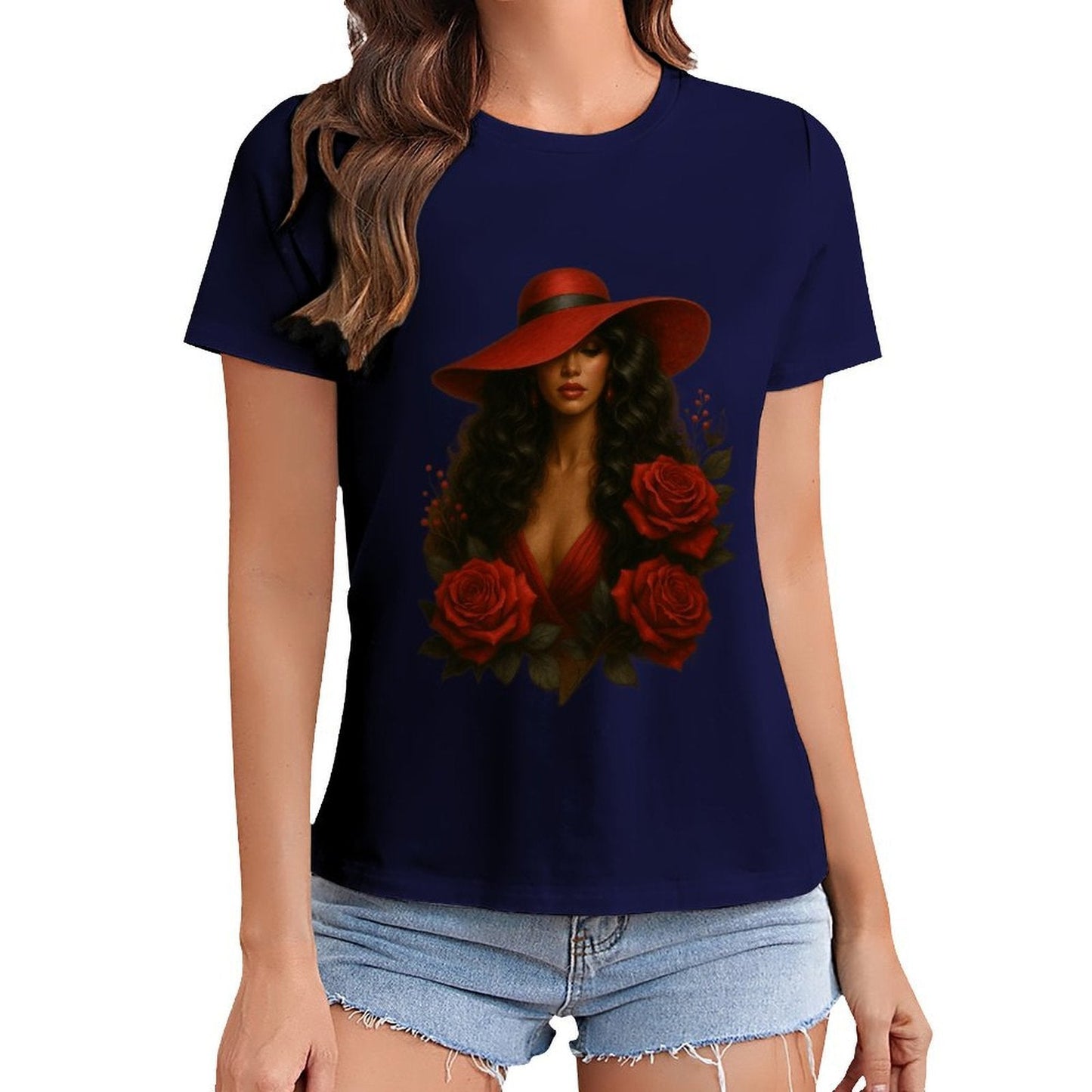 Gildan T-shirt Women Mystery in Red Elegance Spring and Summer Round Neck Short - sleeved Tops Women's Casual Sports T-shirt - TrendyLookz