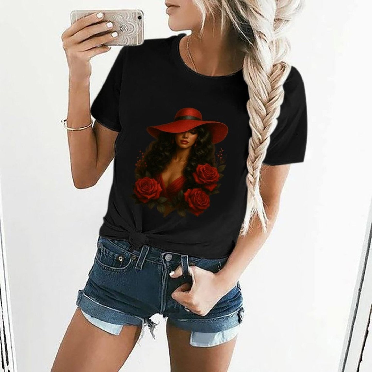 Gildan T-shirt Women Mystery in Red Elegance Spring and Summer Round Neck Short - sleeved Tops Women's Casual Sports T-shirt - TrendyLookz