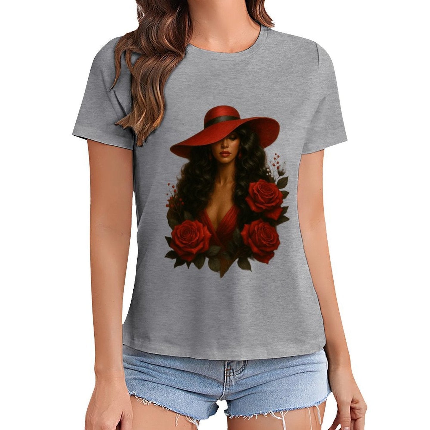 Gildan T-shirt Women Mystery in Red Elegance Spring and Summer Round Neck Short - sleeved Tops Women's Casual Sports T-shirt - TrendyLookz