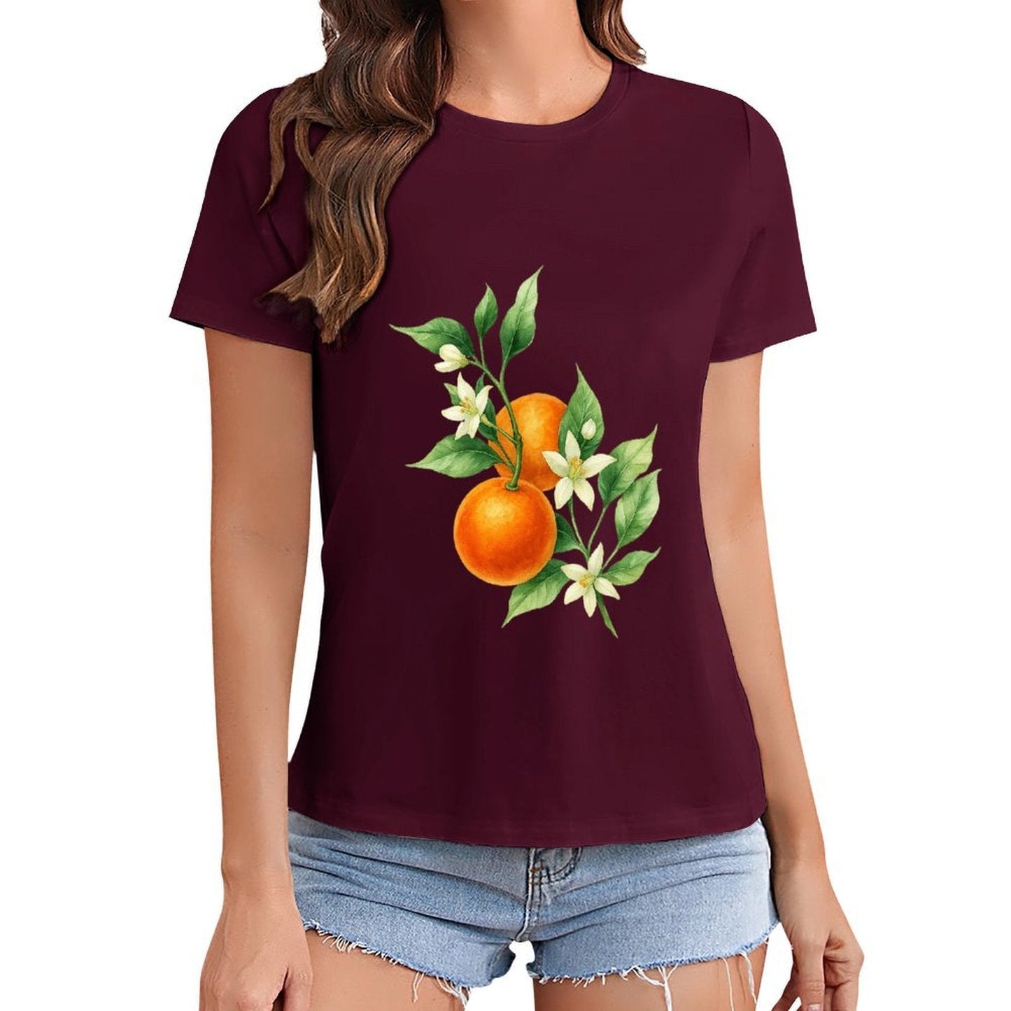 Gildan T-shirt Women Orange Blossoms And Fruit Spring and Summer Round Neck Short - sleeved Tops Women's Casual Sports T-shirt - TrendyLookz
