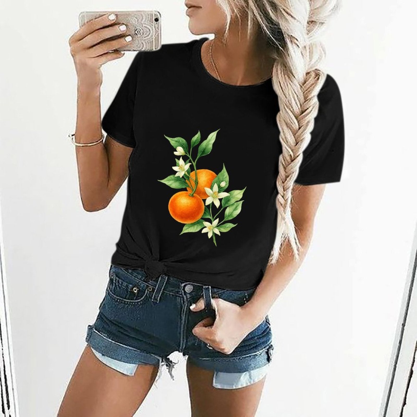 Gildan T-shirt Women Orange Blossoms And Fruit Spring and Summer Round Neck Short - sleeved Tops Women's Casual Sports T-shirt - TrendyLookz