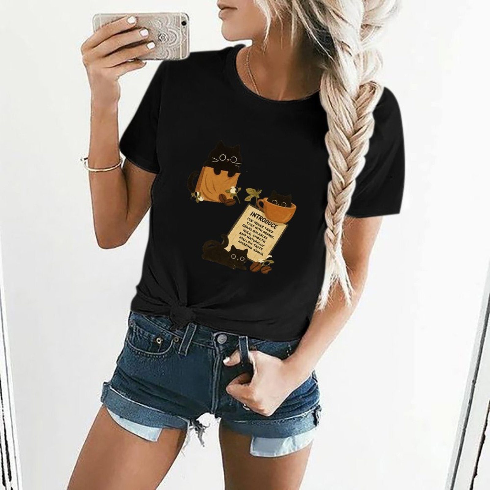 Gildan T-shirt Women Organic Coffee Cats Delight - U1 Spring and Summer Round Neck Short - sleeved Tops Women's Casual Sports T-shirt - TrendyLookz