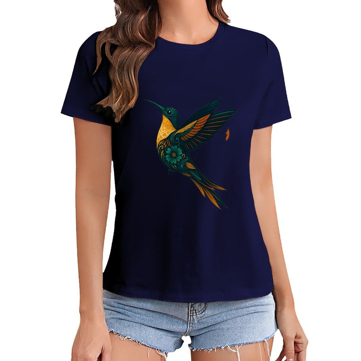 Gildan T-shirt Women Ornate Hummingbird with Foliage Spring and Summer Round Neck Short - sleeved Tops Women's Casual Sports T-shirt - TrendyLookz