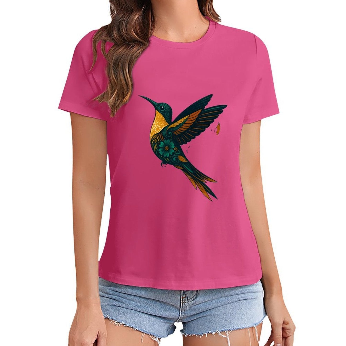 Gildan T-shirt Women Ornate Hummingbird with Foliage Spring and Summer Round Neck Short - sleeved Tops Women's Casual Sports T-shirt - TrendyLookz