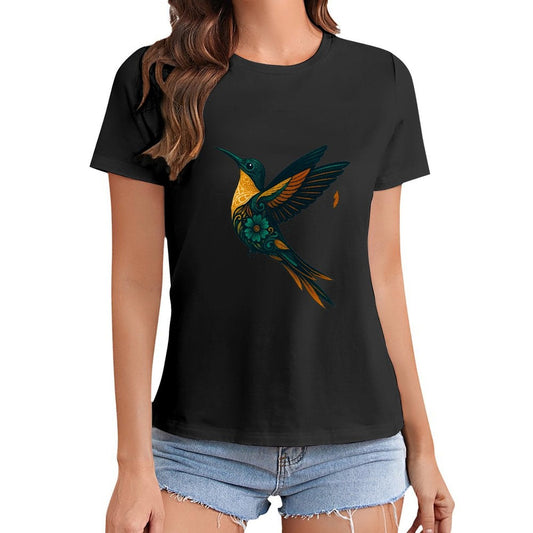 Gildan T-shirt Women Ornate Hummingbird with Foliage Spring and Summer Round Neck Short - sleeved Tops Women's Casual Sports T-shirt - TrendyLookz