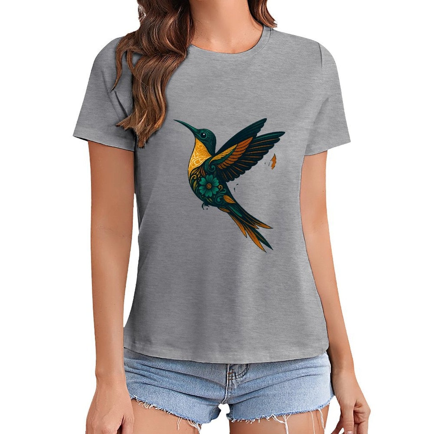 Gildan T-shirt Women Ornate Hummingbird with Foliage Spring and Summer Round Neck Short - sleeved Tops Women's Casual Sports T-shirt - TrendyLookz