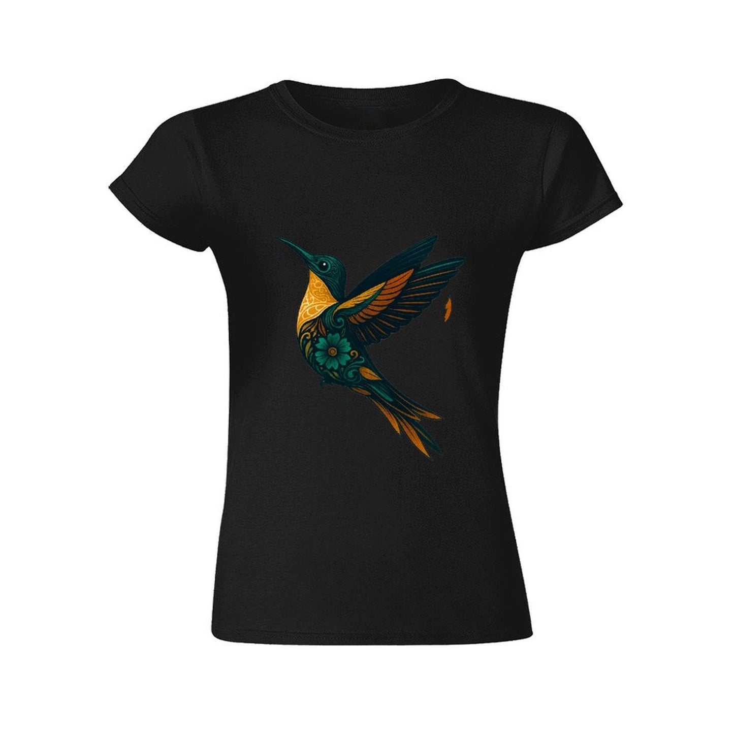 Gildan T-shirt Women Ornate Hummingbird with Foliage Spring and Summer Round Neck Short - sleeved Tops Women's Casual Sports T-shirt - TrendyLookz