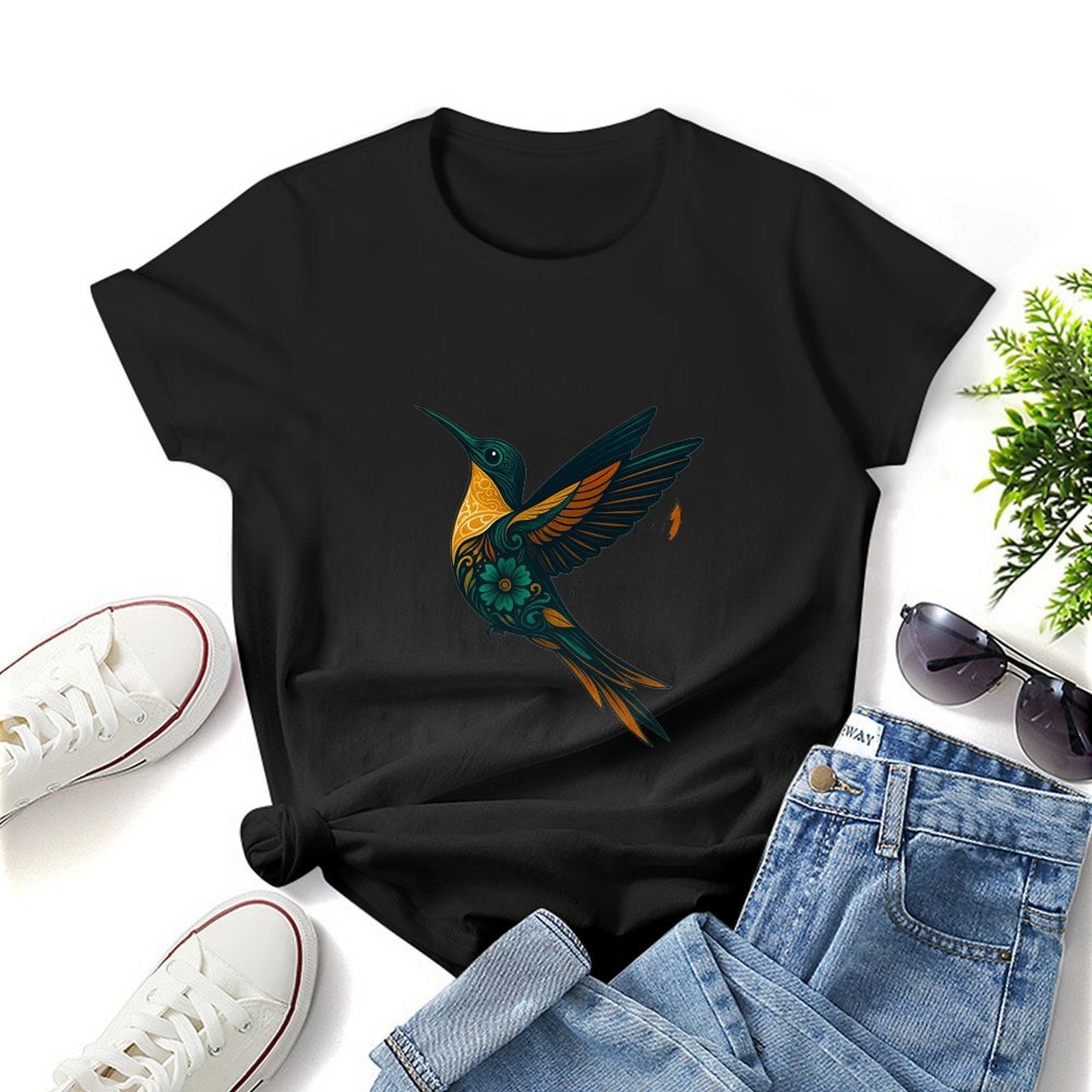 Gildan T-shirt Women Ornate Hummingbird with Foliage Spring and Summer Round Neck Short - sleeved Tops Women's Casual Sports T-shirt - TrendyLookz