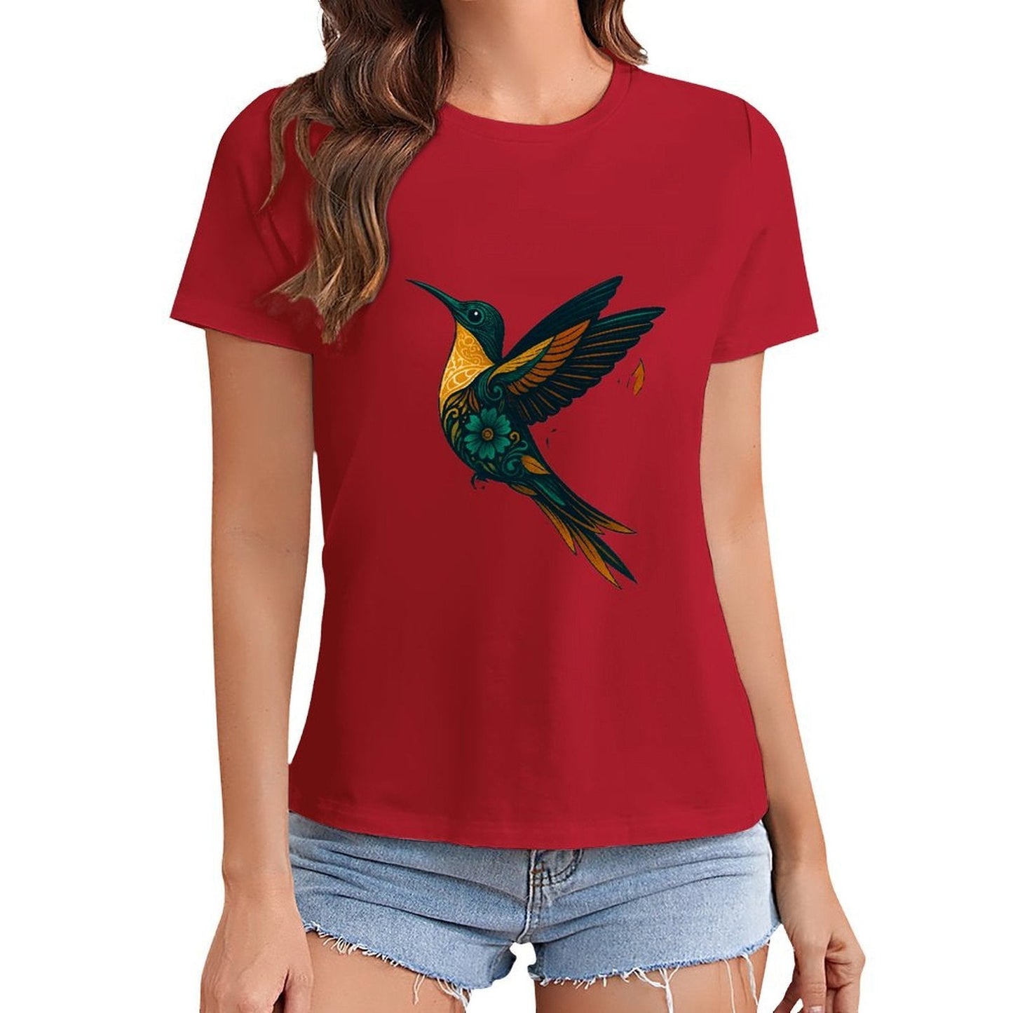 Gildan T-shirt Women Ornate Hummingbird with Foliage Spring and Summer Round Neck Short - sleeved Tops Women's Casual Sports T-shirt - TrendyLookz