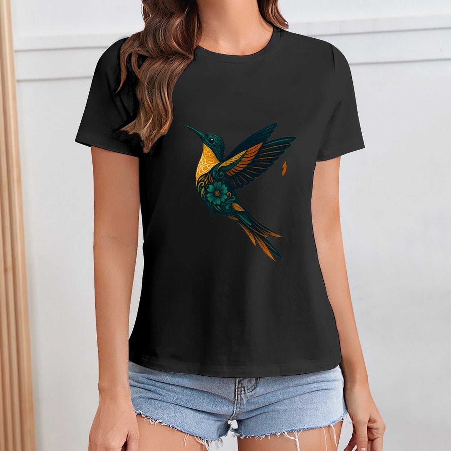 Gildan T-shirt Women Ornate Hummingbird with Foliage Spring and Summer Round Neck Short - sleeved Tops Women's Casual Sports T-shirt - TrendyLookz