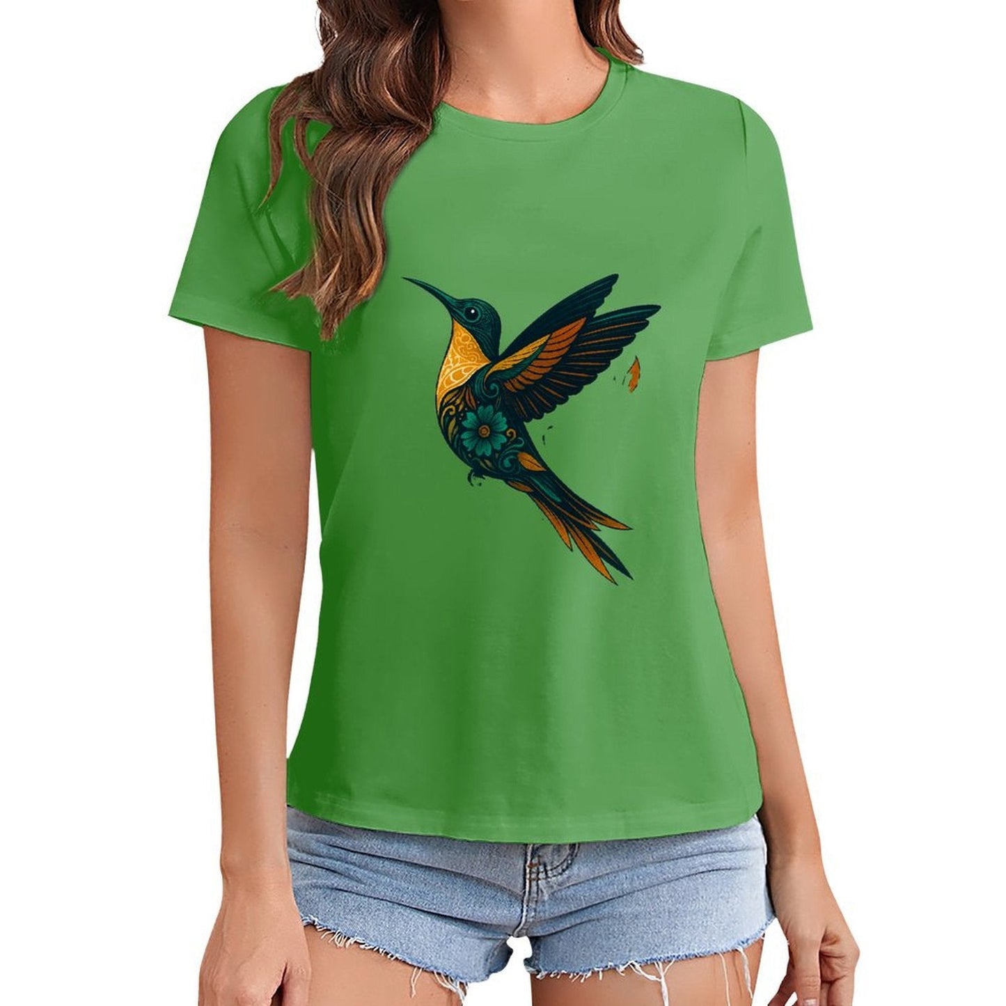 Gildan T-shirt Women Ornate Hummingbird with Foliage Spring and Summer Round Neck Short - sleeved Tops Women's Casual Sports T-shirt - TrendyLookz