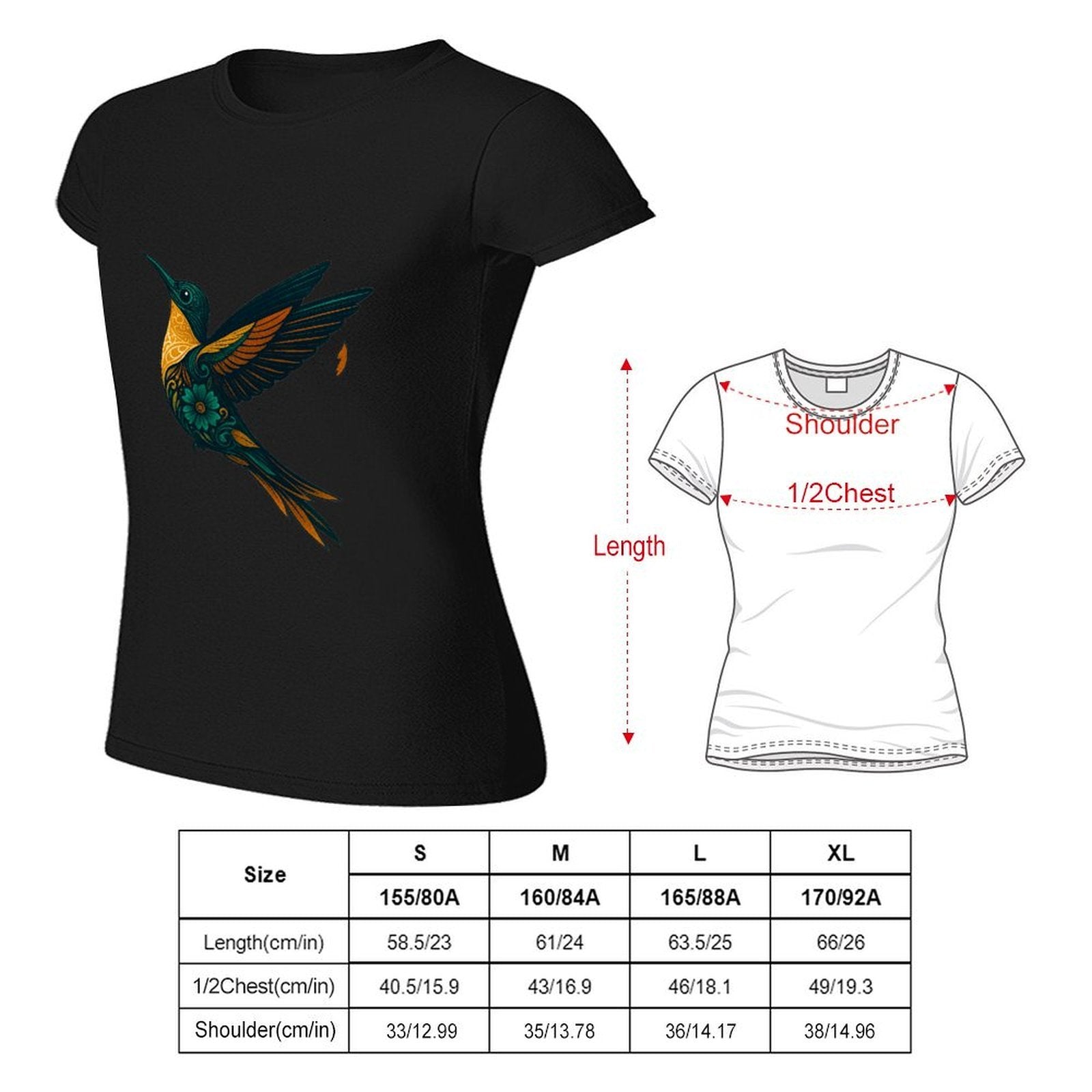 Gildan T-shirt Women Ornate Hummingbird with Foliage Spring and Summer Round Neck Short - sleeved Tops Women's Casual Sports T-shirt - TrendyLookz