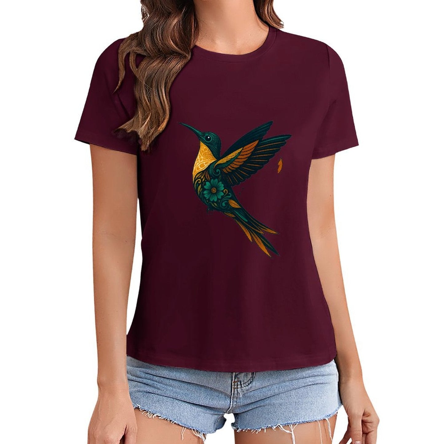 Gildan T-shirt Women Ornate Hummingbird with Foliage Spring and Summer Round Neck Short - sleeved Tops Women's Casual Sports T-shirt - TrendyLookz