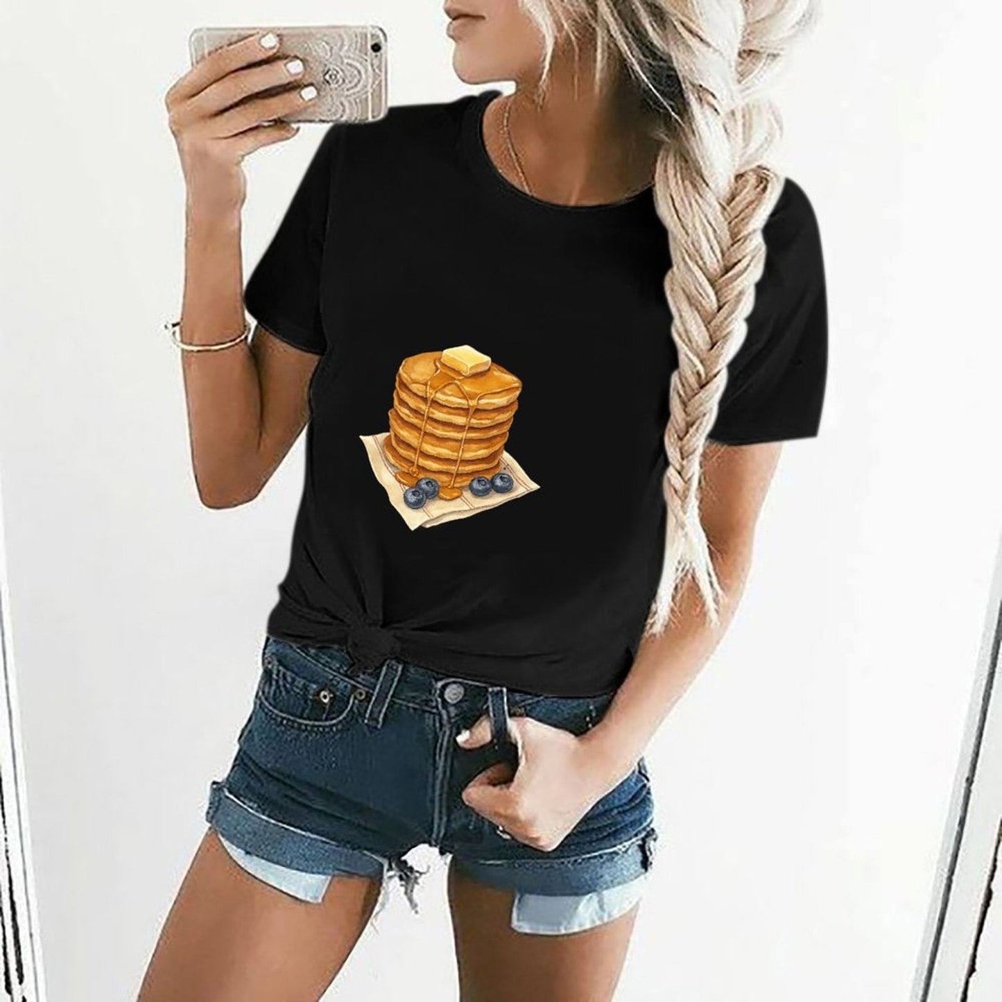 Gildan T-shirt Women Pancakes And Panic Offers Spring and Summer Round Neck Short - sleeved Tops Women's Casual Sports T-shirt - TrendyLookz