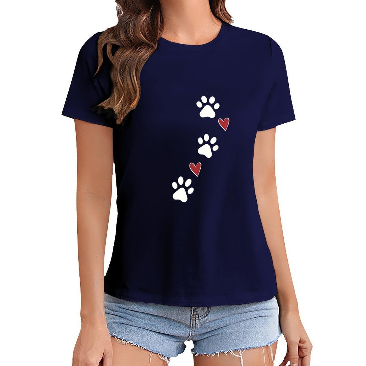 Gildan T-shirt Women Paw Prints And Hearts - U1 Spring and Summer Round Neck Short - sleeved Tops Women's Casual Sports T-shirt - TrendyLookz