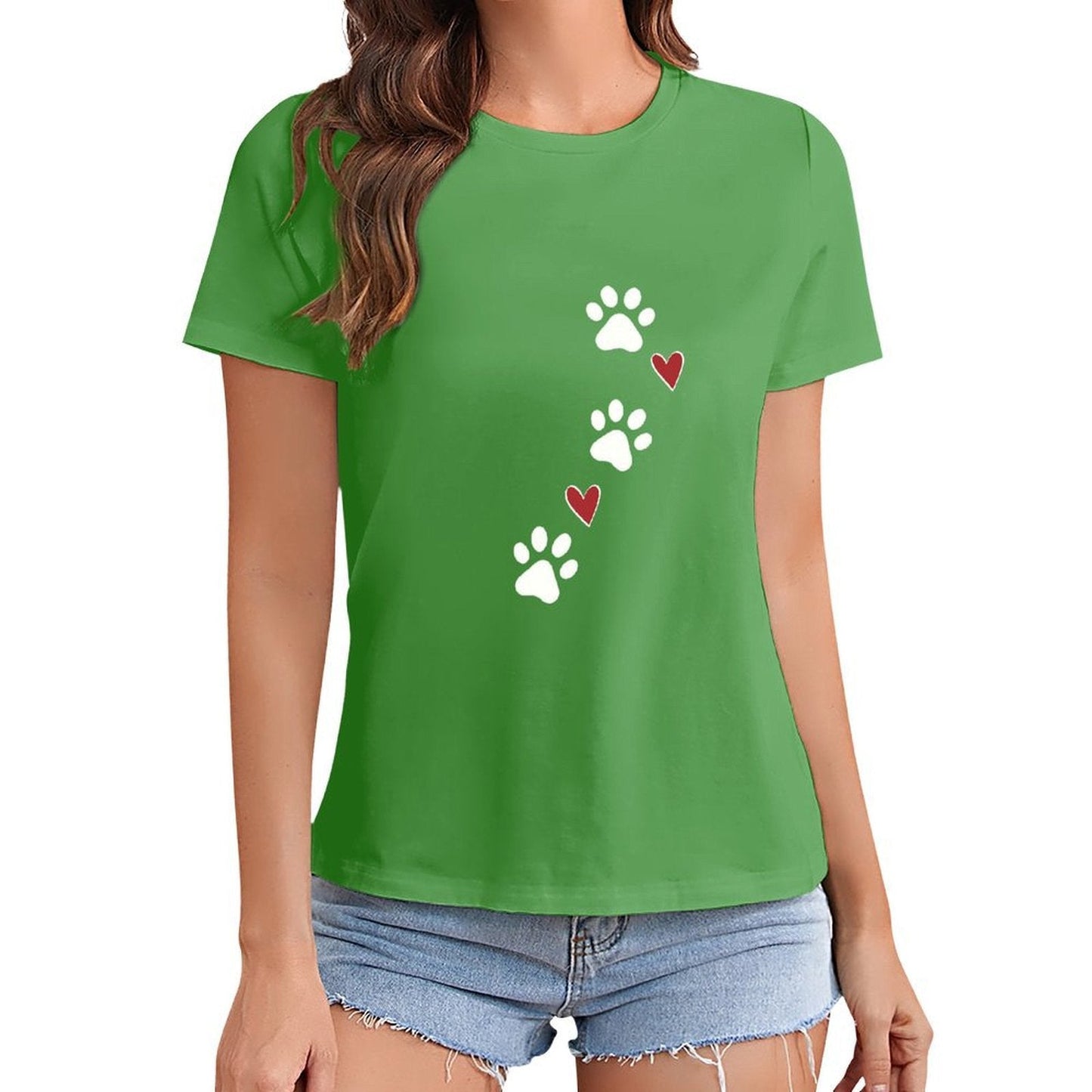 Gildan T-shirt Women Paw Prints And Hearts - U1 Spring and Summer Round Neck Short - sleeved Tops Women's Casual Sports T-shirt - TrendyLookz