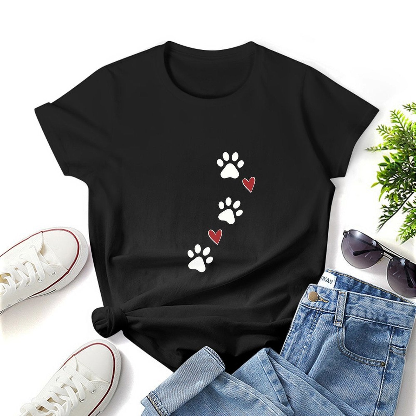 Gildan T-shirt Women Paw Prints And Hearts - U1 Spring and Summer Round Neck Short - sleeved Tops Women's Casual Sports T-shirt - TrendyLookz