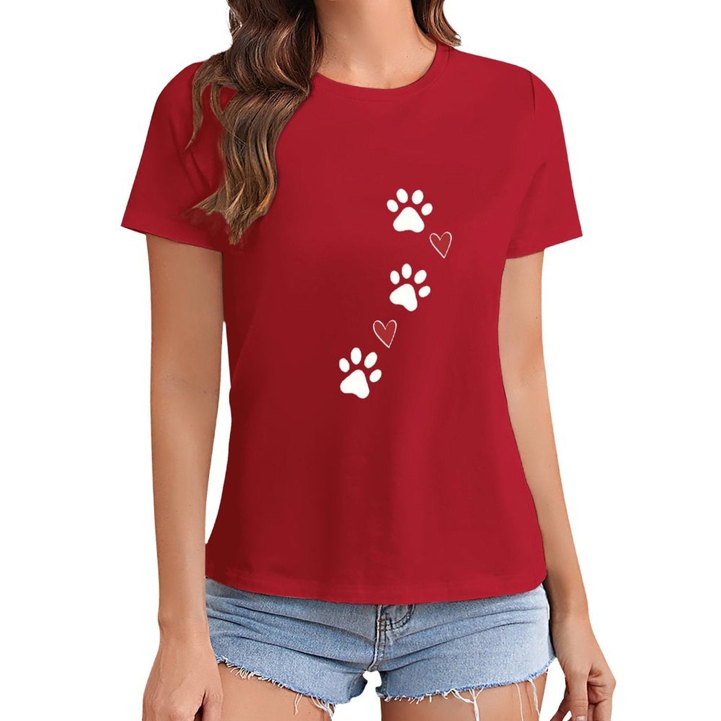 Gildan T-shirt Women Paw Prints And Hearts - U1 Spring and Summer Round Neck Short - sleeved Tops Women's Casual Sports T-shirt - TrendyLookz