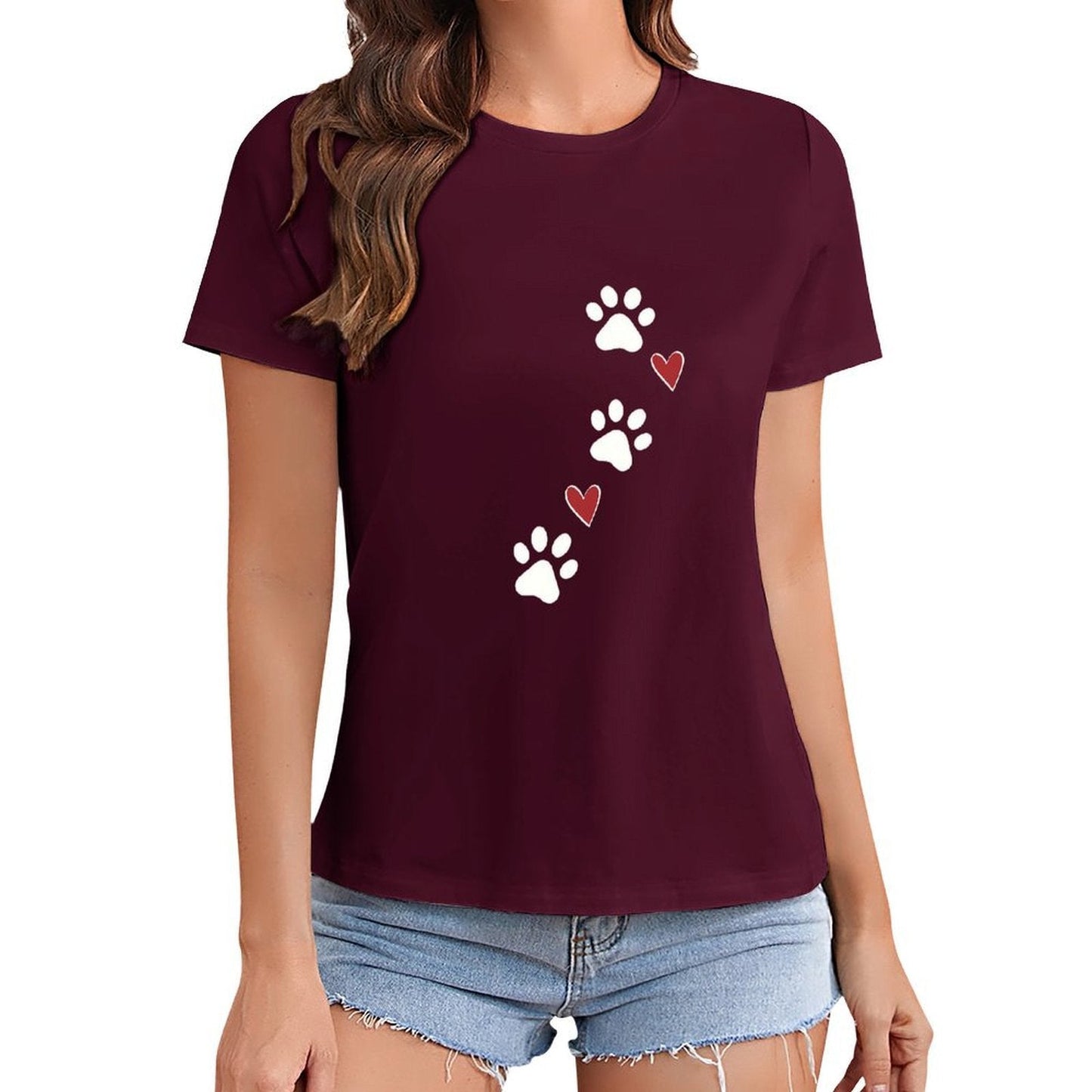 Gildan T-shirt Women Paw Prints And Hearts - U1 Spring and Summer Round Neck Short - sleeved Tops Women's Casual Sports T-shirt - TrendyLookz