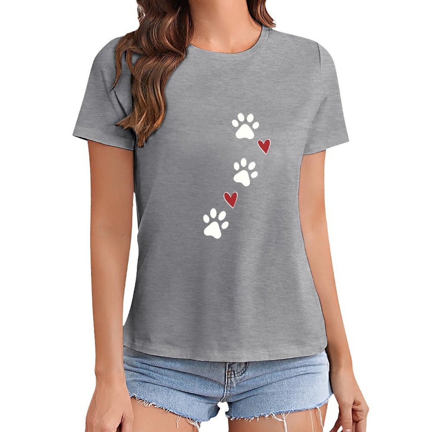 Gildan T-shirt Women Paw Prints And Hearts - U1 Spring and Summer Round Neck Short - sleeved Tops Women's Casual Sports T-shirt - TrendyLookz