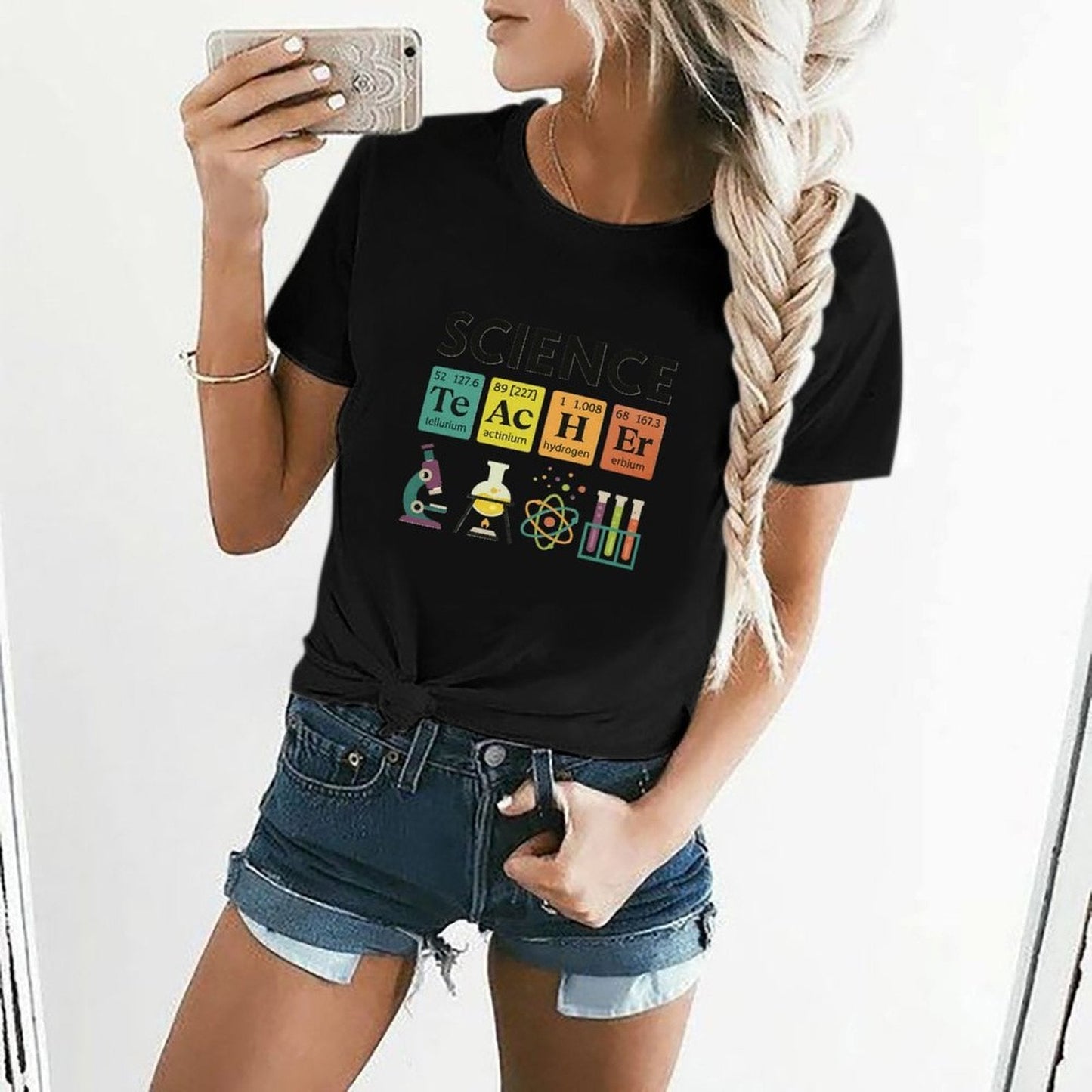 Gildan T-shirt Women Periodic Table Science Teacher Spring and Summer Round Neck Short - sleeved Tops Women's Casual Sports T-shirt - TrendyLookz