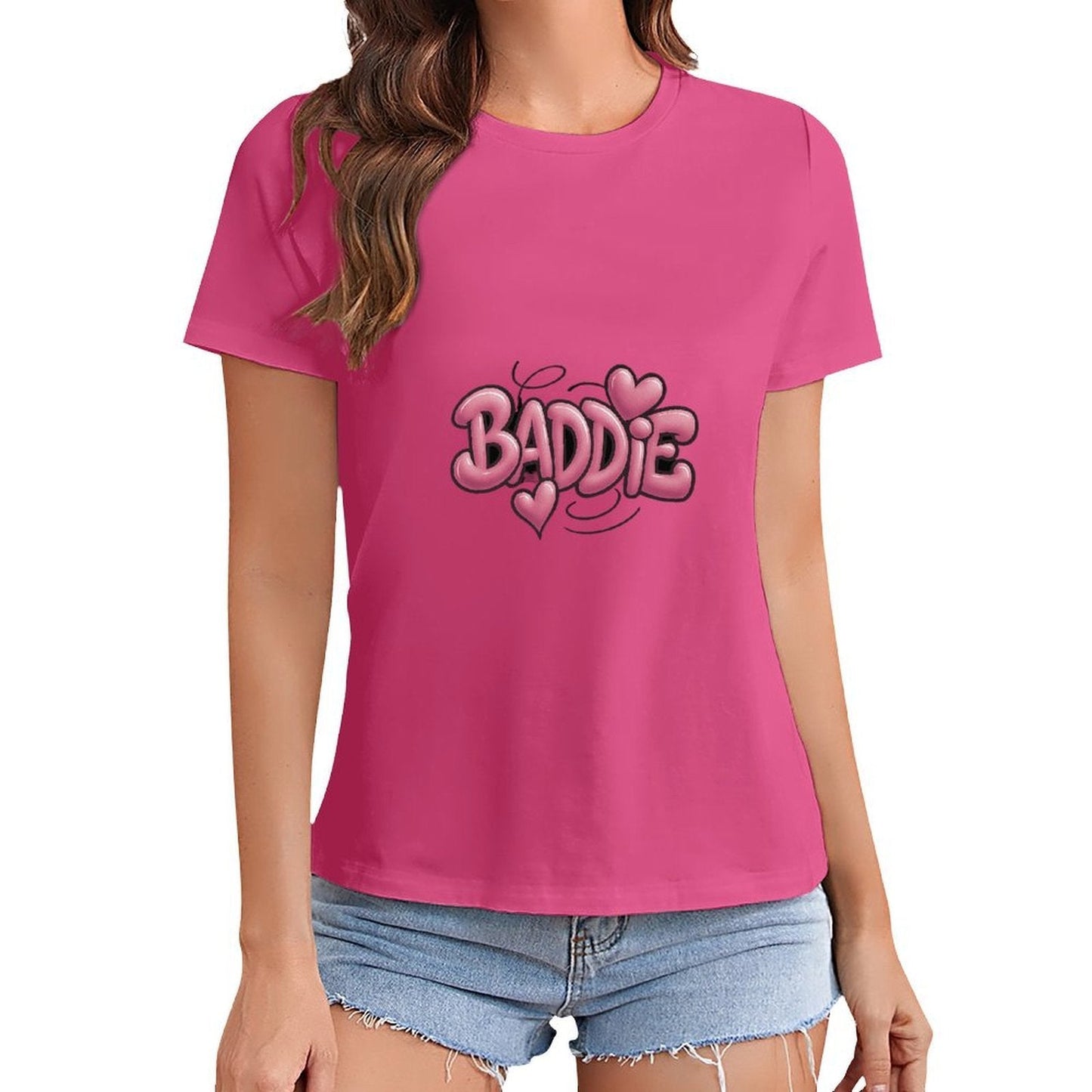 Gildan T-shirt Women Pink Baddie Graffiti Hearts - U1 Spring and Summer Round Neck Short - sleeved Tops Women's Casual Sports T-shirt - TrendyLookz