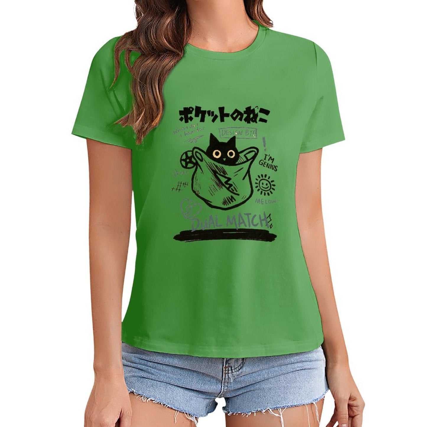 Gildan T-shirt Women Pocket Cat Genius Design - U1 Spring and Summer Round Neck Short - sleeved Tops Women's Casual Sports T-shirt - TrendyLookz