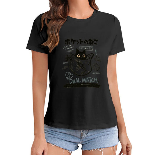 Gildan T-shirt Women Pocket Cat Genius Design - U1 Spring and Summer Round Neck Short - sleeved Tops Women's Casual Sports T-shirt - TrendyLookz