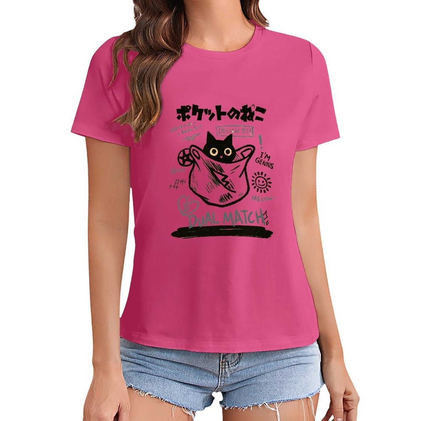 Gildan T-shirt Women Pocket Cat Genius Design - U1 Spring and Summer Round Neck Short - sleeved Tops Women's Casual Sports T-shirt - TrendyLookz