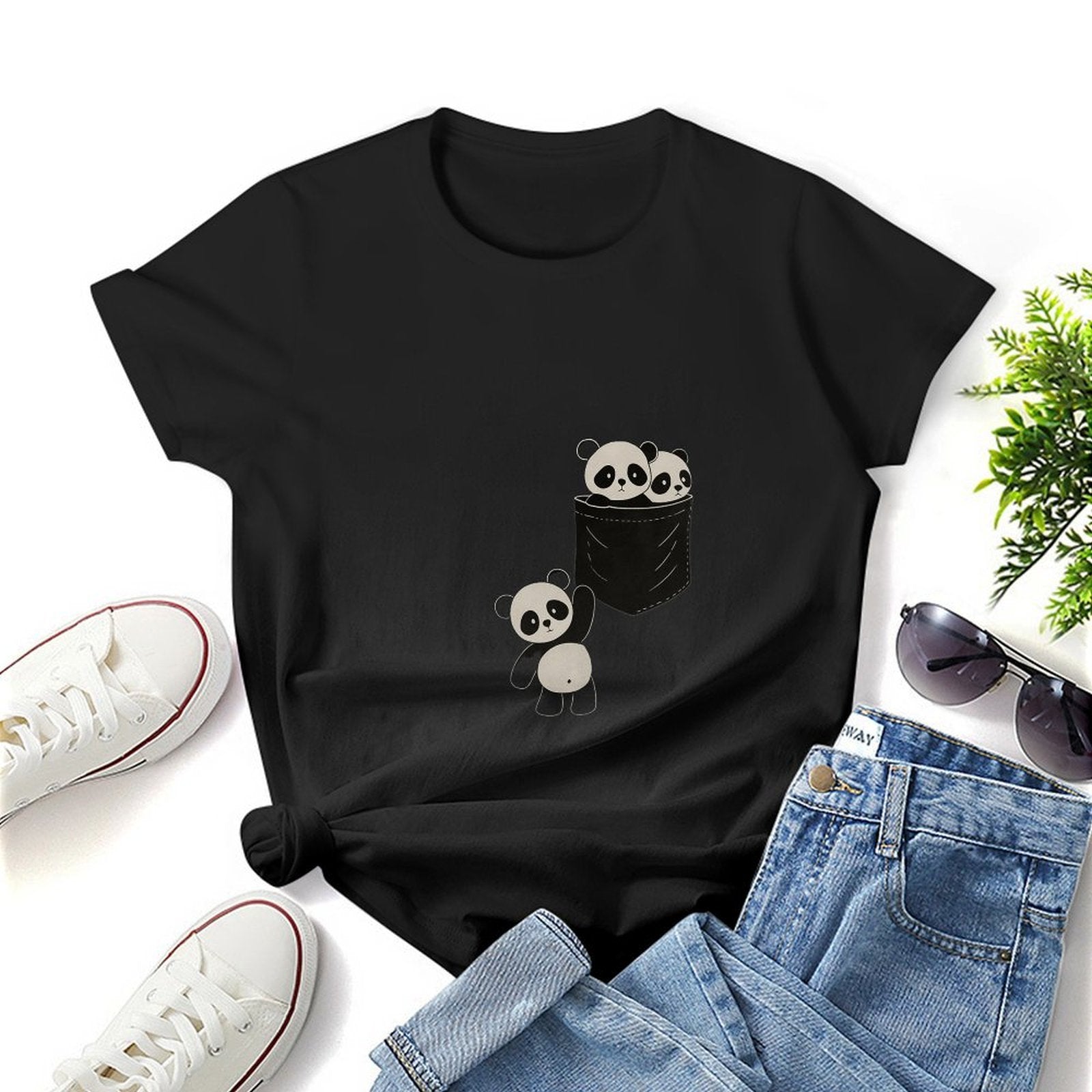 Gildan T-shirt Women Pocketful of Pandas Spring and Summer Round Neck Short - sleeved Tops Women's Casual Sports T-shirt - TrendyLookz