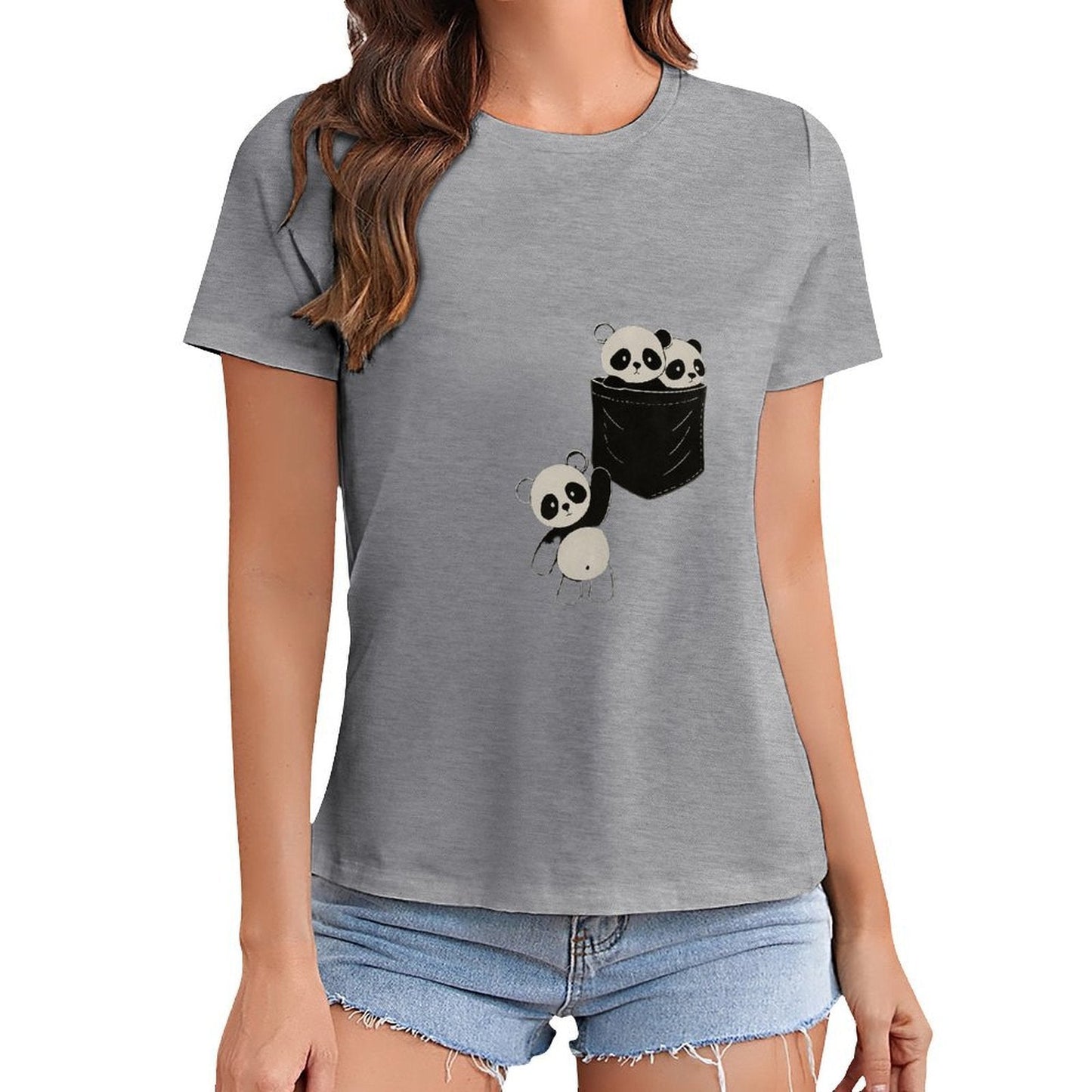 Gildan T-shirt Women Pocketful of Pandas Spring and Summer Round Neck Short - sleeved Tops Women's Casual Sports T-shirt - TrendyLookz