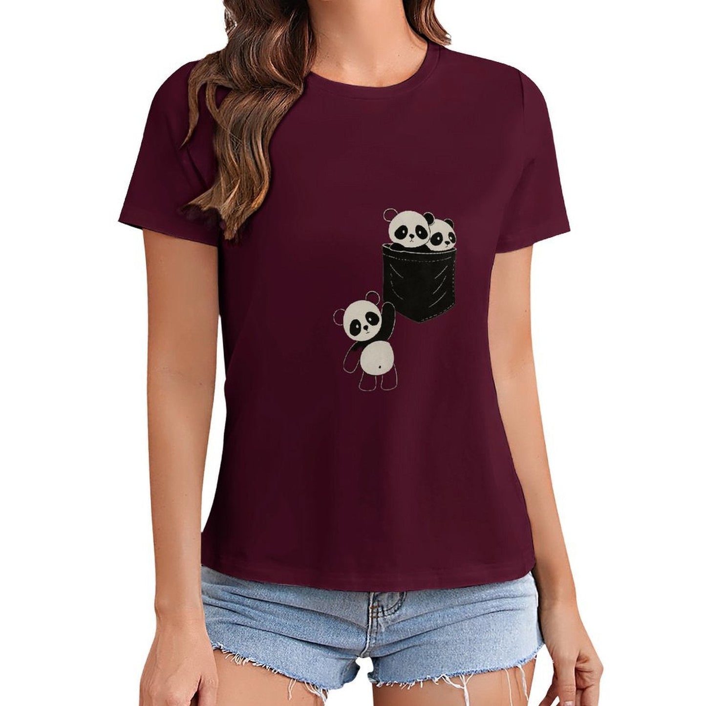 Gildan T-shirt Women Pocketful of Pandas Spring and Summer Round Neck Short - sleeved Tops Women's Casual Sports T-shirt - TrendyLookz