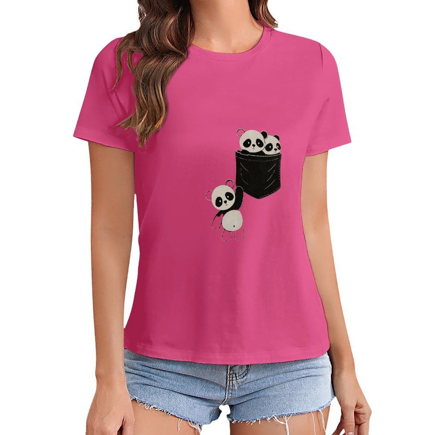 Gildan T-shirt Women Pocketful of Pandas Spring and Summer Round Neck Short - sleeved Tops Women's Casual Sports T-shirt - TrendyLookz