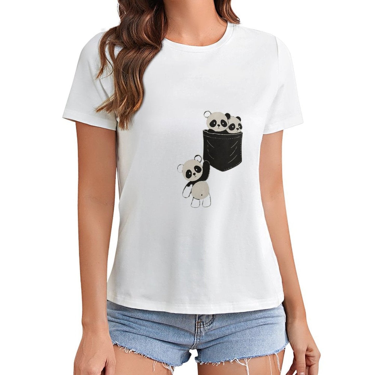 Gildan T-shirt Women Pocketful of Pandas Spring and Summer Round Neck Short - sleeved Tops Women's Casual Sports T-shirt - TrendyLookz