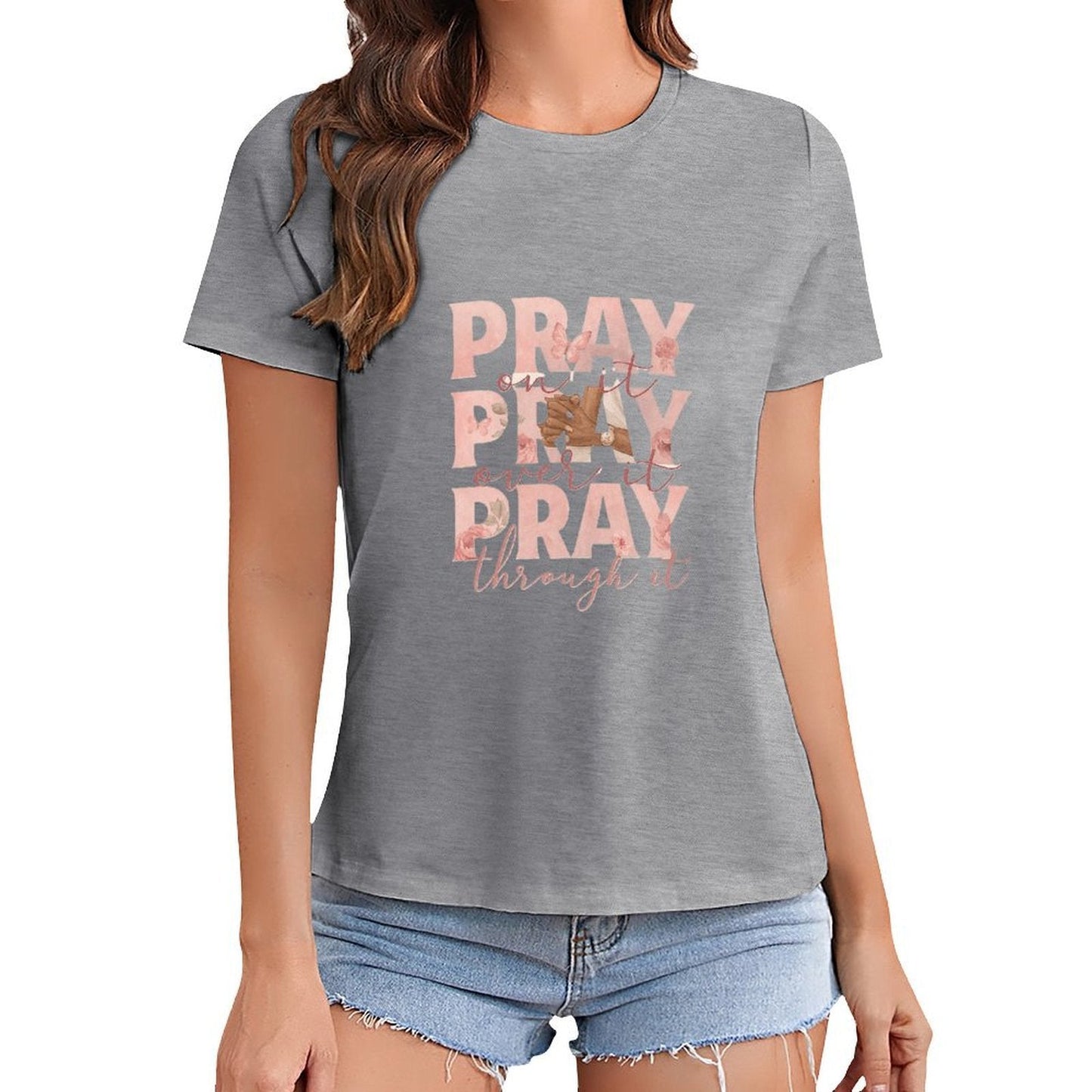 Gildan T-shirt Women Pray On, Over, Through Spring and Summer Round Neck Short - sleeved Tops Women's Casual Sports T-shirt - TrendyLookz