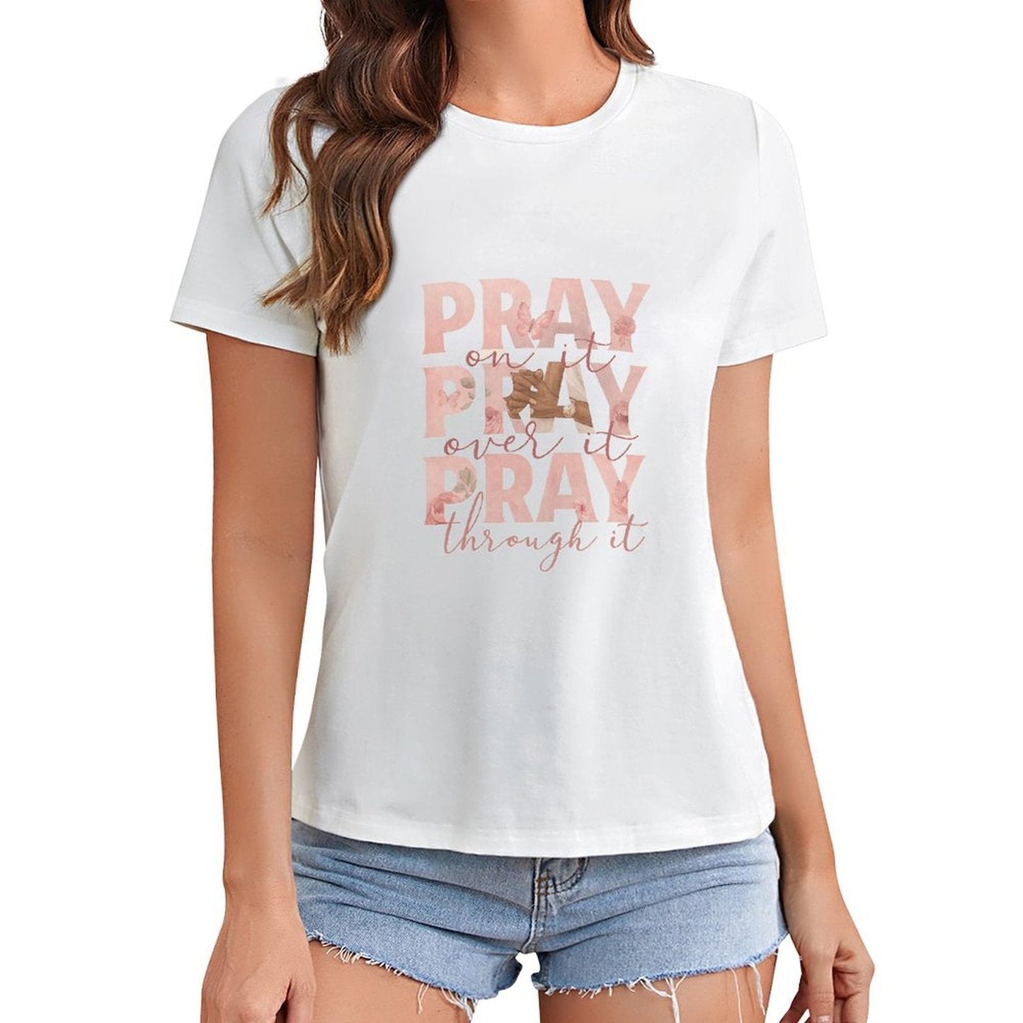 Gildan T-shirt Women Pray On, Over, Through Spring and Summer Round Neck Short - sleeved Tops Women's Casual Sports T-shirt - TrendyLookz