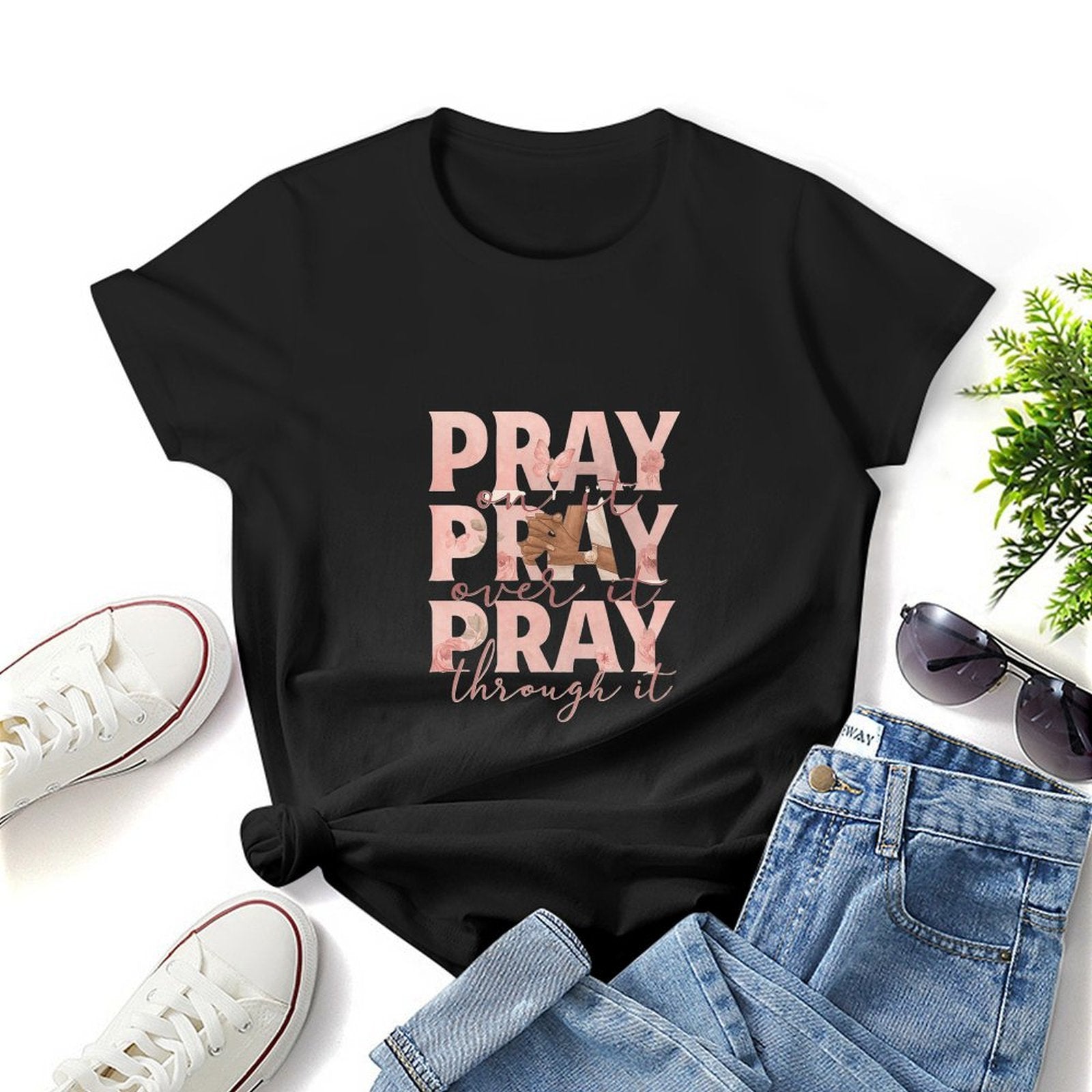Gildan T-shirt Women Pray On, Over, Through Spring and Summer Round Neck Short - sleeved Tops Women's Casual Sports T-shirt - TrendyLookz