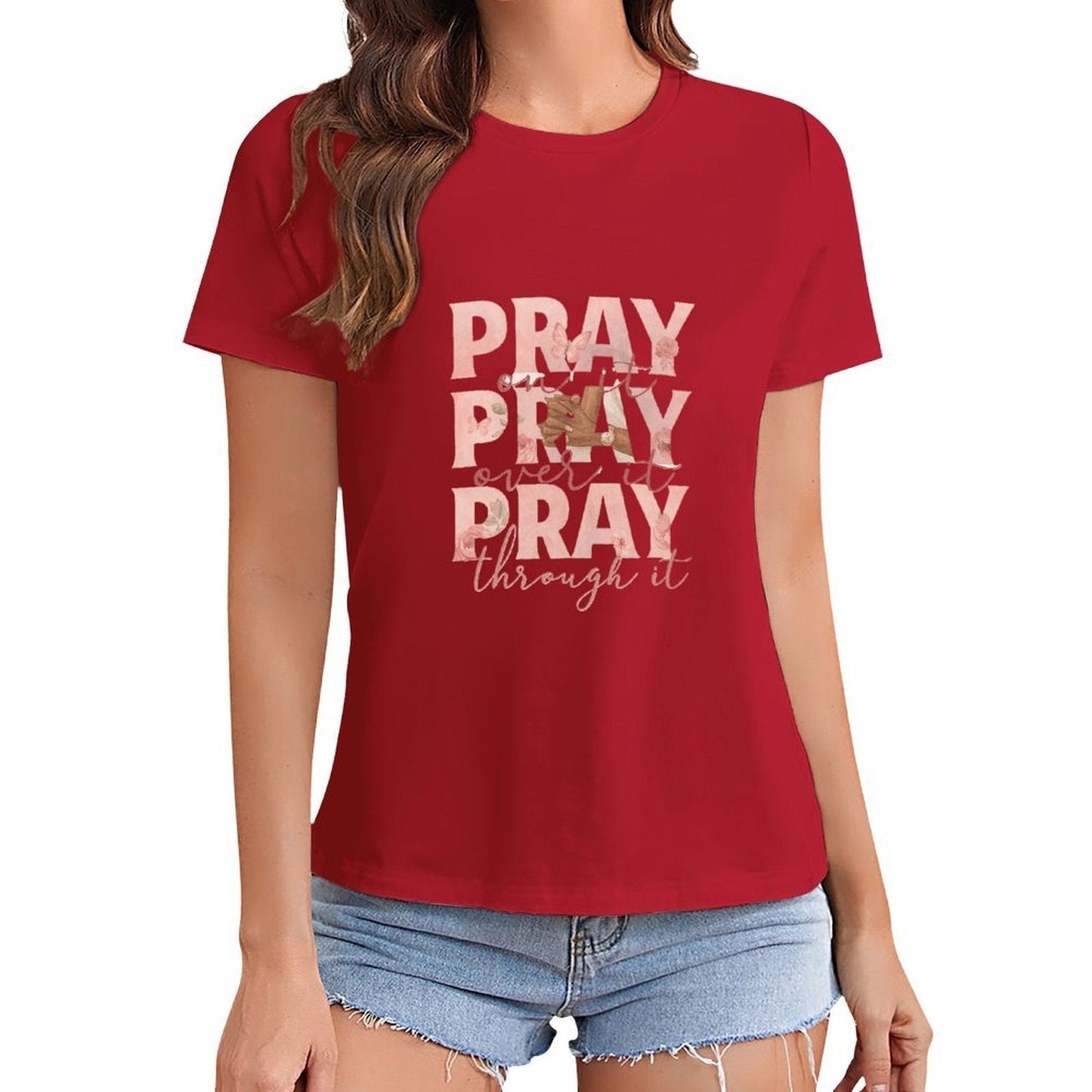 Gildan T-shirt Women Pray On, Over, Through Spring and Summer Round Neck Short - sleeved Tops Women's Casual Sports T-shirt - TrendyLookz