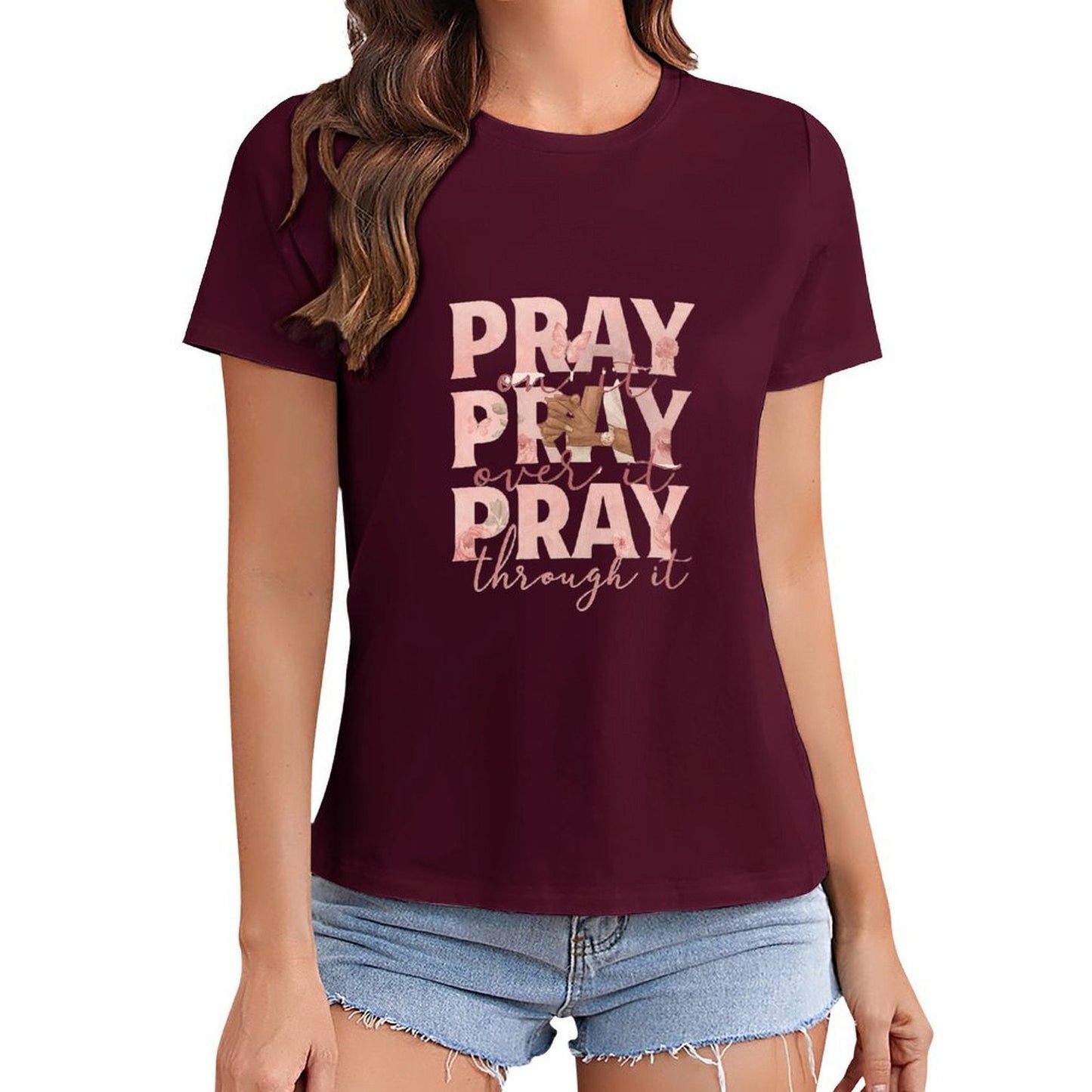 Gildan T-shirt Women Pray On, Over, Through Spring and Summer Round Neck Short - sleeved Tops Women's Casual Sports T-shirt - TrendyLookz